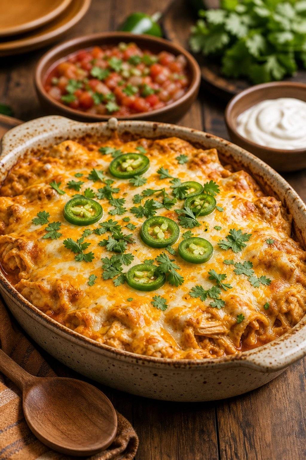 A baked rotisserie chicken enchilada casserole in a white ceramic dish with deep golden melted cheese on top, garnished with fresh cilantro and sliced jalapeños, with small bowls of salsa and sour cream nearby.