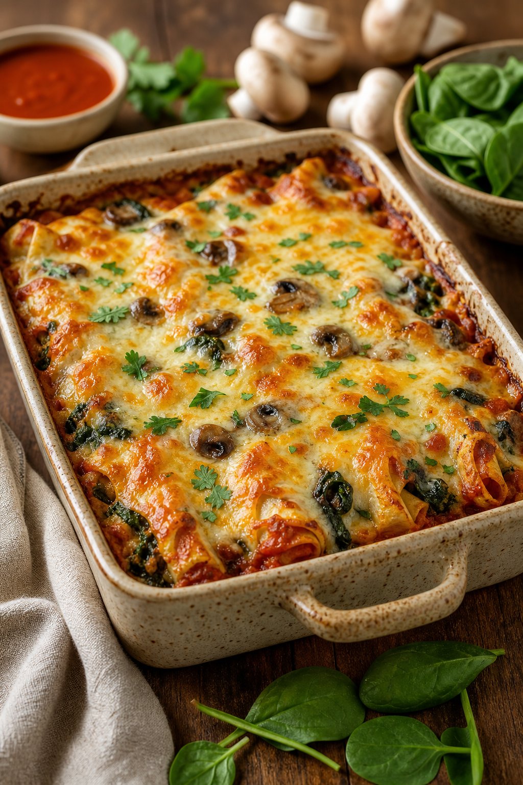A baked spinach and mushroom enchilada casserole in a deep ceramic dish with browned Monterey Jack cheese on top, with fresh spinach leaves and sliced cremini mushrooms on the wooden table beside it.