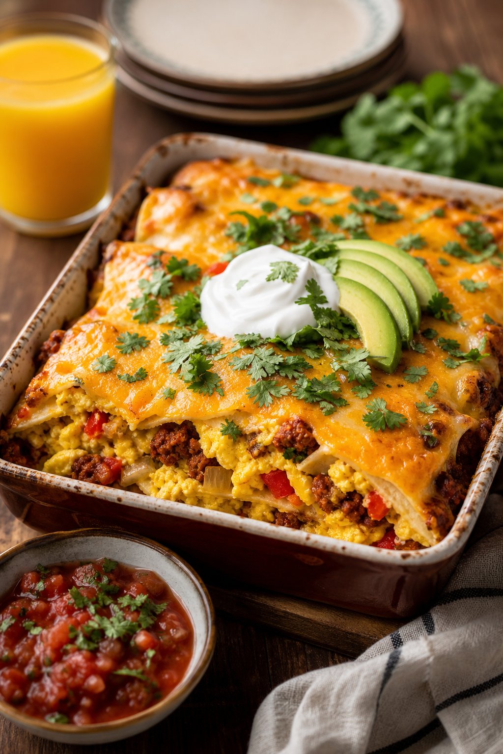 A baked Tex-Mex breakfast enchilada casserole topped with golden melted cheese, sliced avocado, and fresh cilantro in a rectangular baking dish, with a small glass of orange juice and a bowl of salsa on the table.