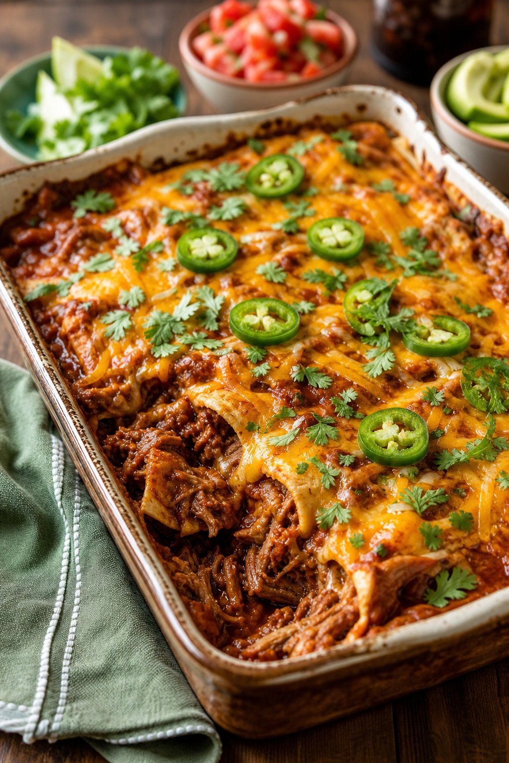 A slow-cooked shredded beef enchilada casserole in a deep ceramic baking dish, with tender pulled beef visible through melted cheese, garnished with fresh cilantro and green jalapeño slices.