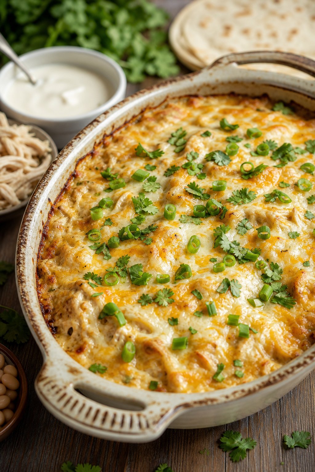 A white chicken enchilada casserole in a cream-colored ceramic dish with bubbling Monterey Jack cheese on top, garnished with sliced green onions and fresh cilantro on a wooden table.