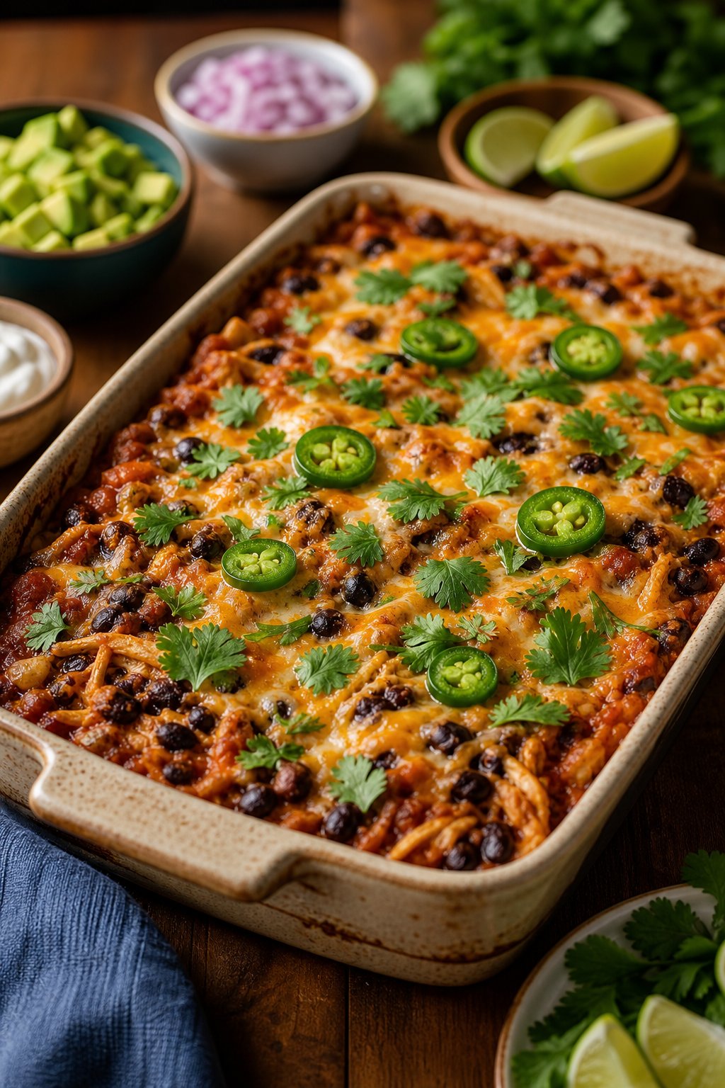 A baked enchilada casserole with ground turkey, black beans, and melted cheese in a ceramic dish, with small bowls of sliced avocado, sour cream, lime wedges, and diced onion visible on the wooden table.