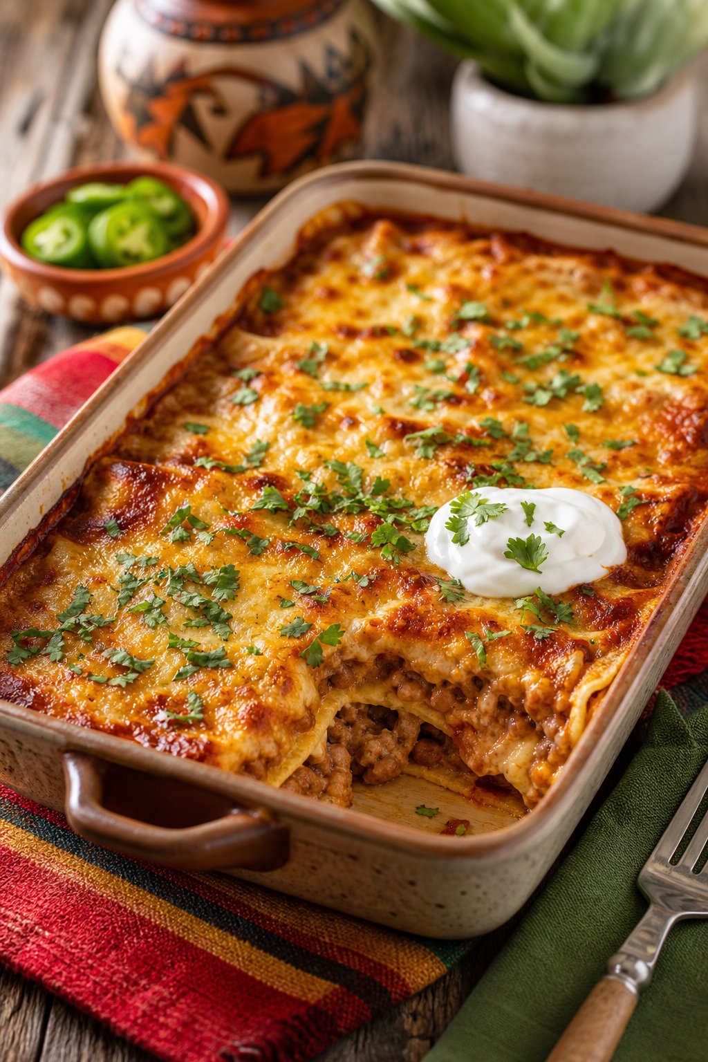 A baked refried bean and cheese enchilada casserole in a white ceramic dish with a deep golden cheese top and visible red sauce around the edges, served with a small bowl of sour cream on the kitchen table.