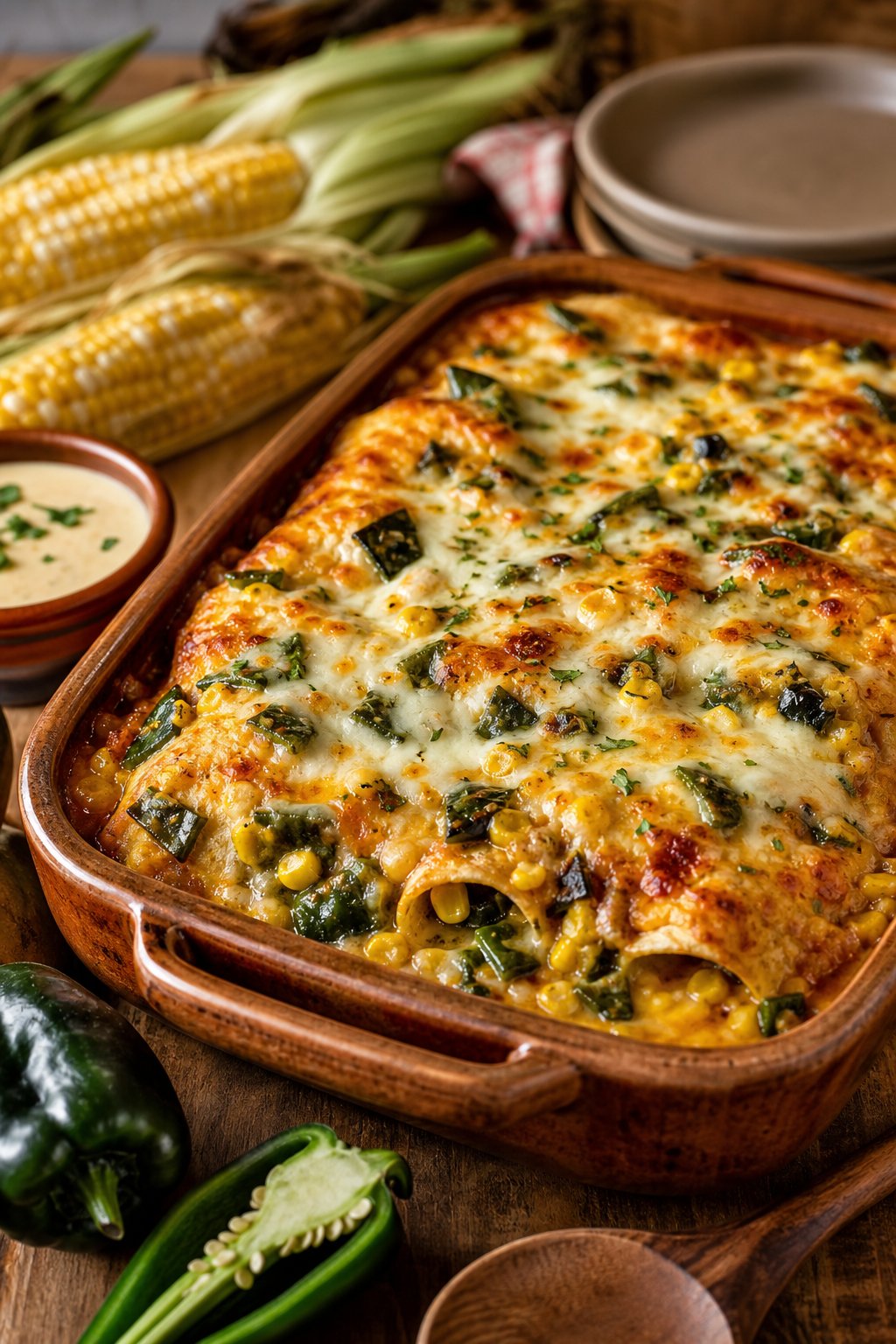 A baked poblano and corn enchilada casserole with a golden bubbling queso-style cheese topping in a ceramic dish, with halved fresh poblano peppers and corn kernels arranged on the wooden surface around it.