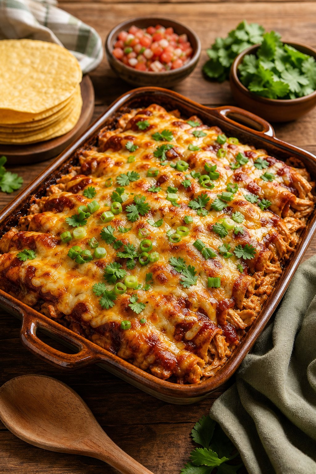A freshly baked BBQ chicken enchilada casserole in a ceramic dish with caramelized edges, topped with sliced green onions and fresh cilantro, with a jar of BBQ sauce and a bowl of tortillas visible nearby on the wooden table.