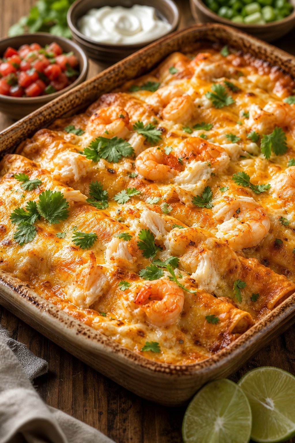 A baked seafood enchilada casserole with visible shrimp and crab in a cream sauce, garnished with fresh cilantro and lime wedges in a white ceramic baking dish on a wooden table.