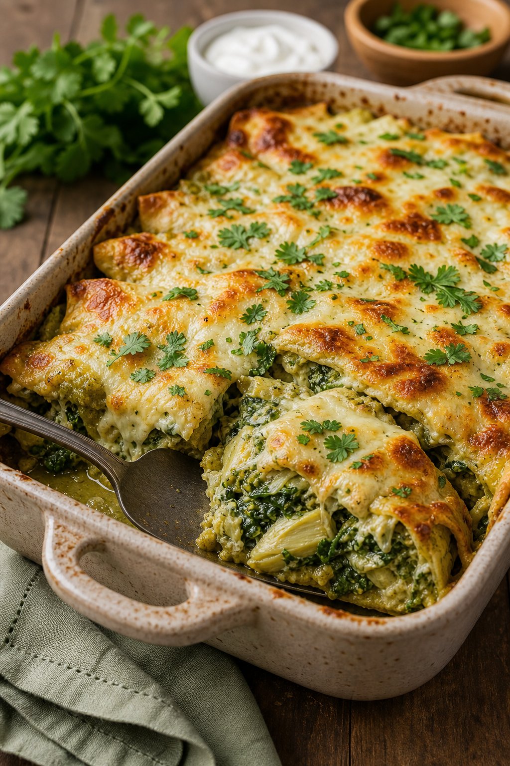 A spinach-artichoke enchilada casserole in a rectangular baking dish with a browned Monterey Jack cheese top and visible creamy filling at the cut edge, garnished with cilantro and served with a small ramekin of sour cream.