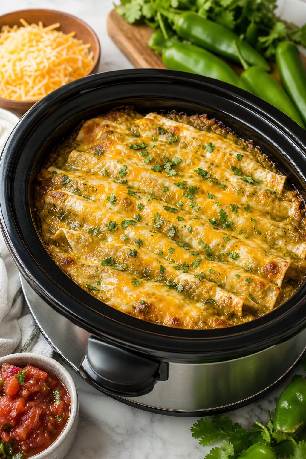 A crockpot insert filled with layered green chile and cheese enchilada casserole, with visible melted cheddar on top and fresh green chiles and shredded cheese on the kitchen countertop beside it.