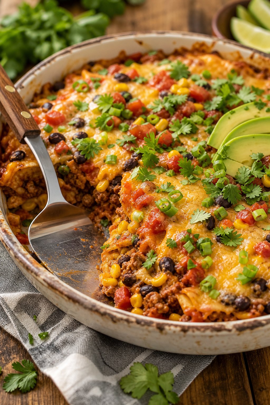 A baked taco-enchilada casserole with ground turkey in a ceramic dish, topped with melted cheese, corn kernels, black beans, and sliced green onions, with visible golden-brown edges around the casserole.