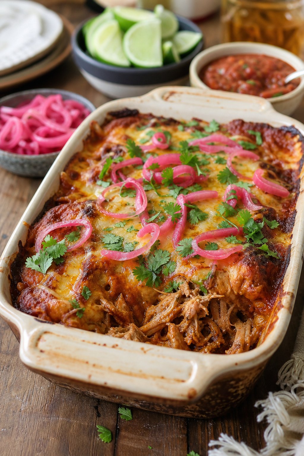 A baked carnitas enchilada casserole in a ceramic dish topped with bright pink pickled red onions and fresh cilantro, with small ramekins of salsa and lime wedges arranged on the wooden table beside it.