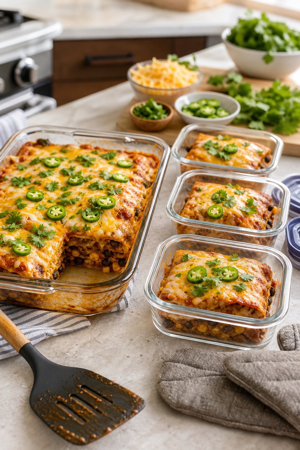A kitchen countertop with a partially sliced baked enchilada casserole beside a row of clear glass storage containers being filled with individual portions.