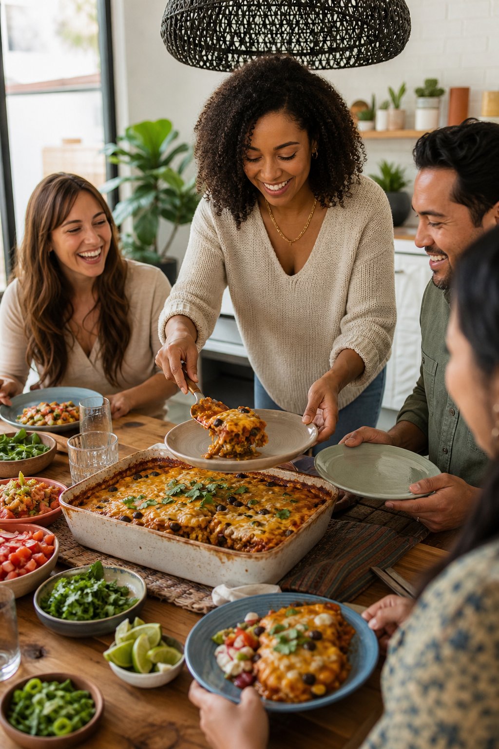 A group of adults and children serving themselves from a large enchilada casserole at a wooden dining table, with topping bowls and plates visible around the central dish.