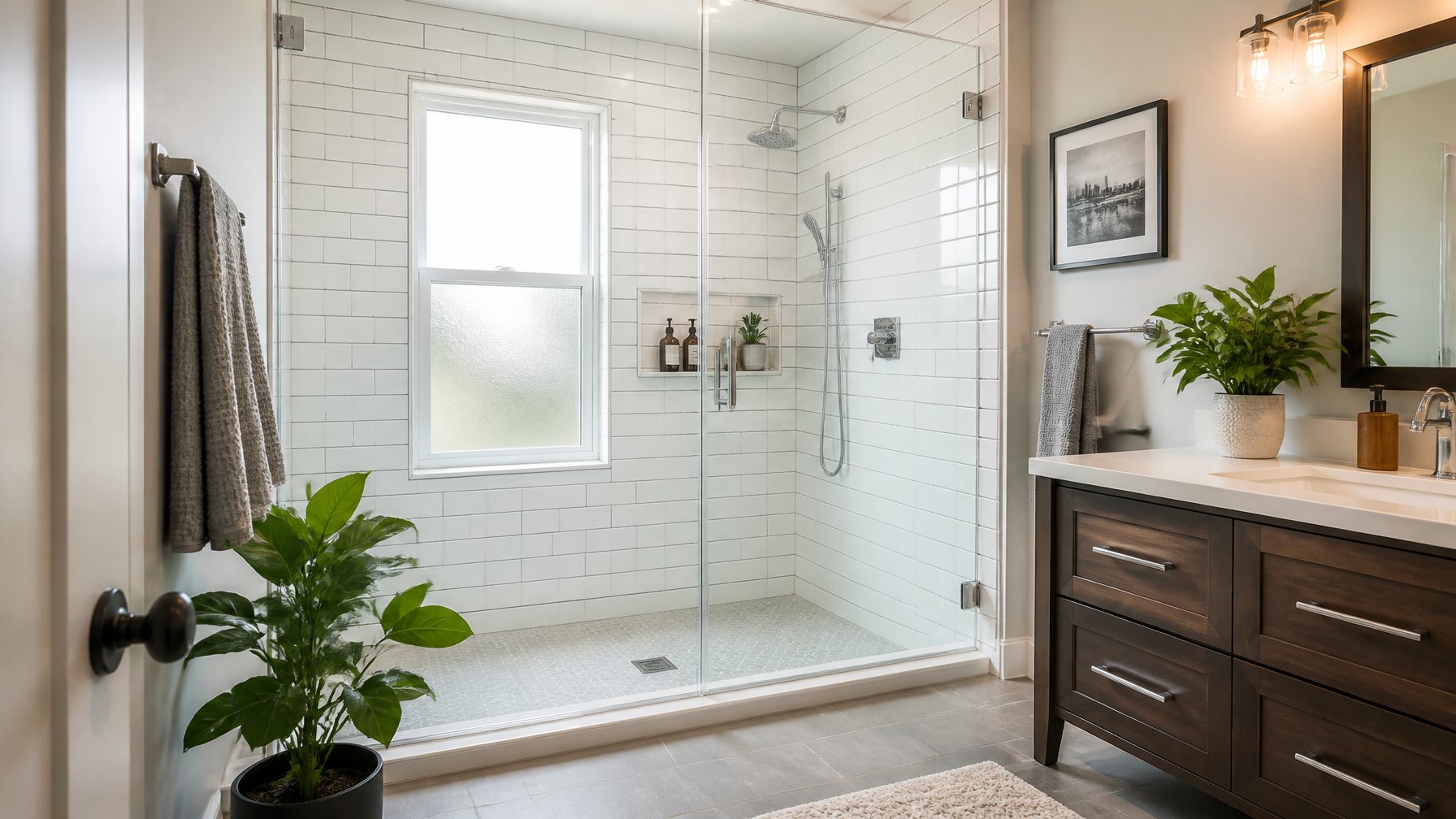 A bright bathroom with a walk-in shower featuring clear glass doors, white tiled walls, and chrome fixtures.