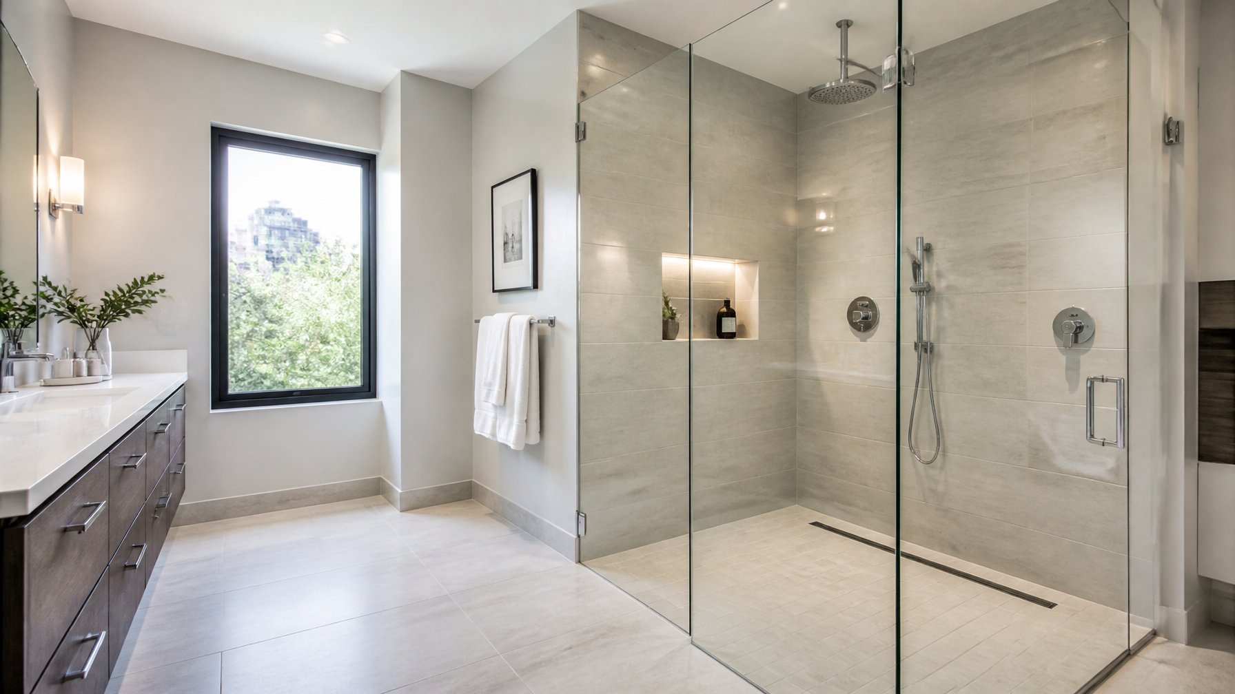 A modern bathroom with a glass-framed curbless shower featuring a linear drain and neutral tile flooring.