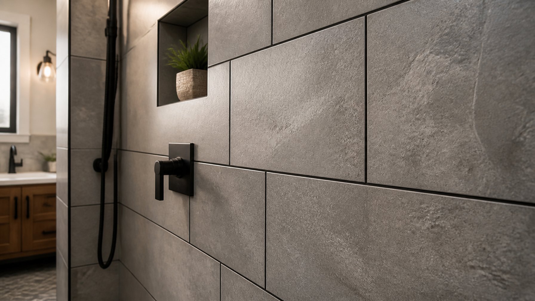 Close-up of textured porcelain tiles with dark grout on a bathroom wall.