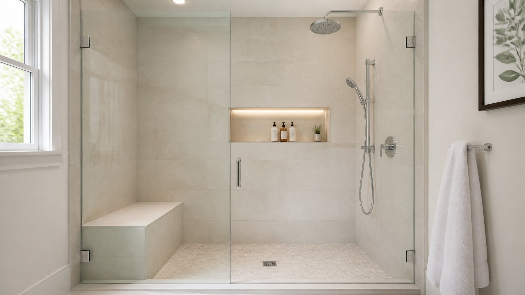 A walk-in shower with a built-in bench and recessed niche containing toiletries in a bright, tiled bathroom.