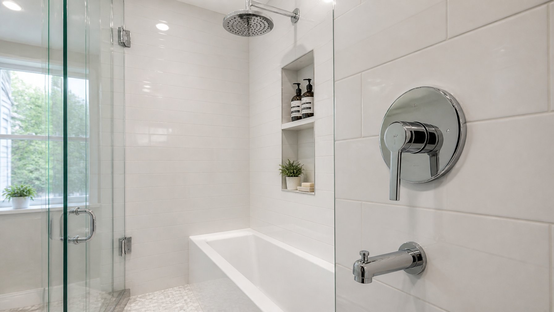 Close-up of a modern bathroom shower valve installed on a tiled wall with a glass shower door and a rainfall showerhead.