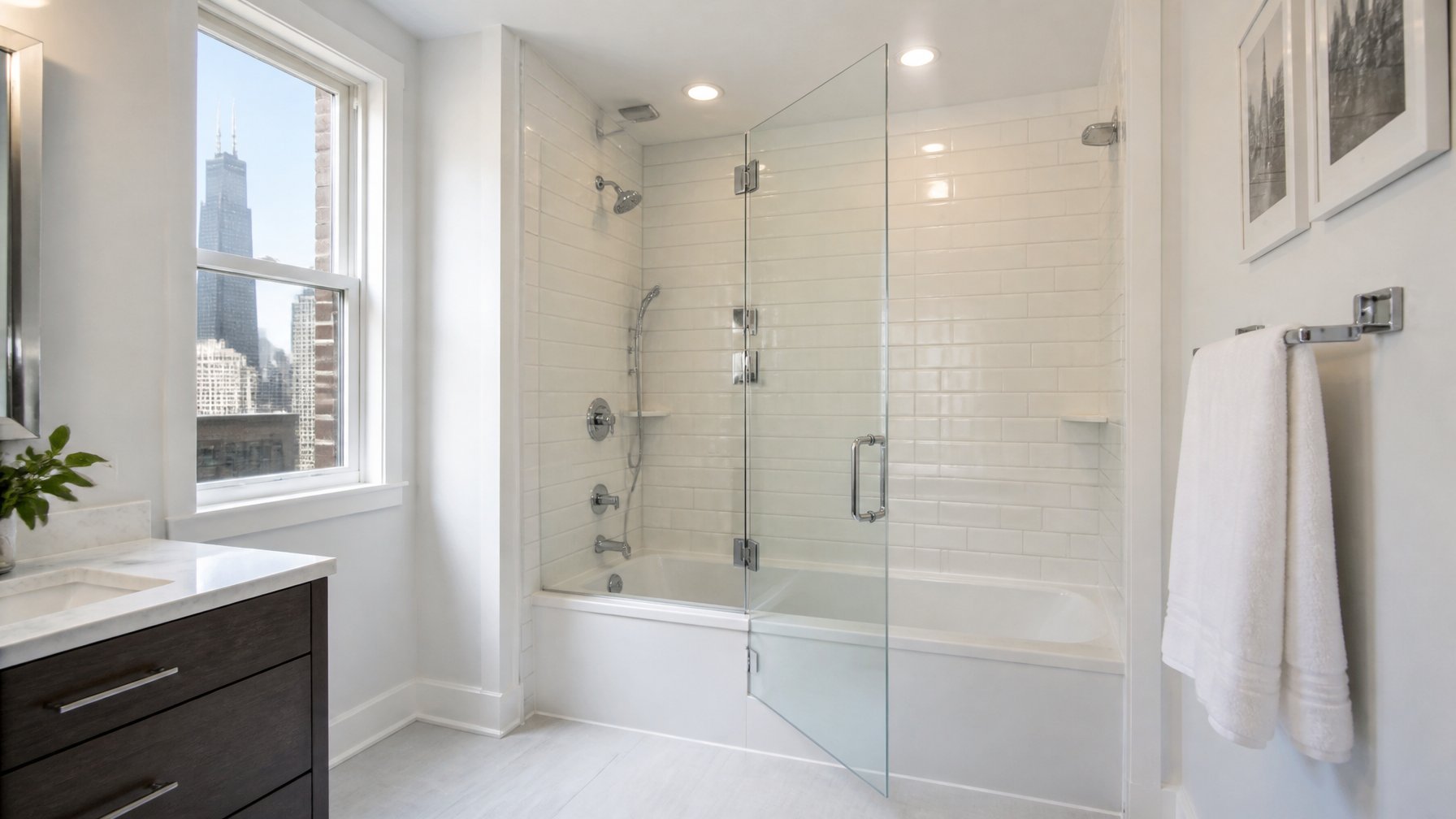 A bright bathroom with a clear glass pivot shower door next to a white tiled shower area and a tub-to-shower conversion.