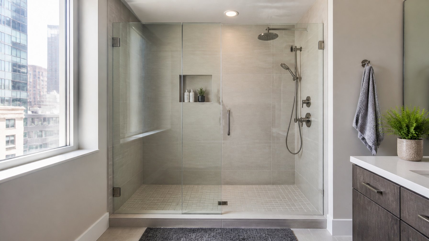A modern bathroom with a custom pre-sloped shower pan in an alcove, featuring a glass shower enclosure and tiled walls.
