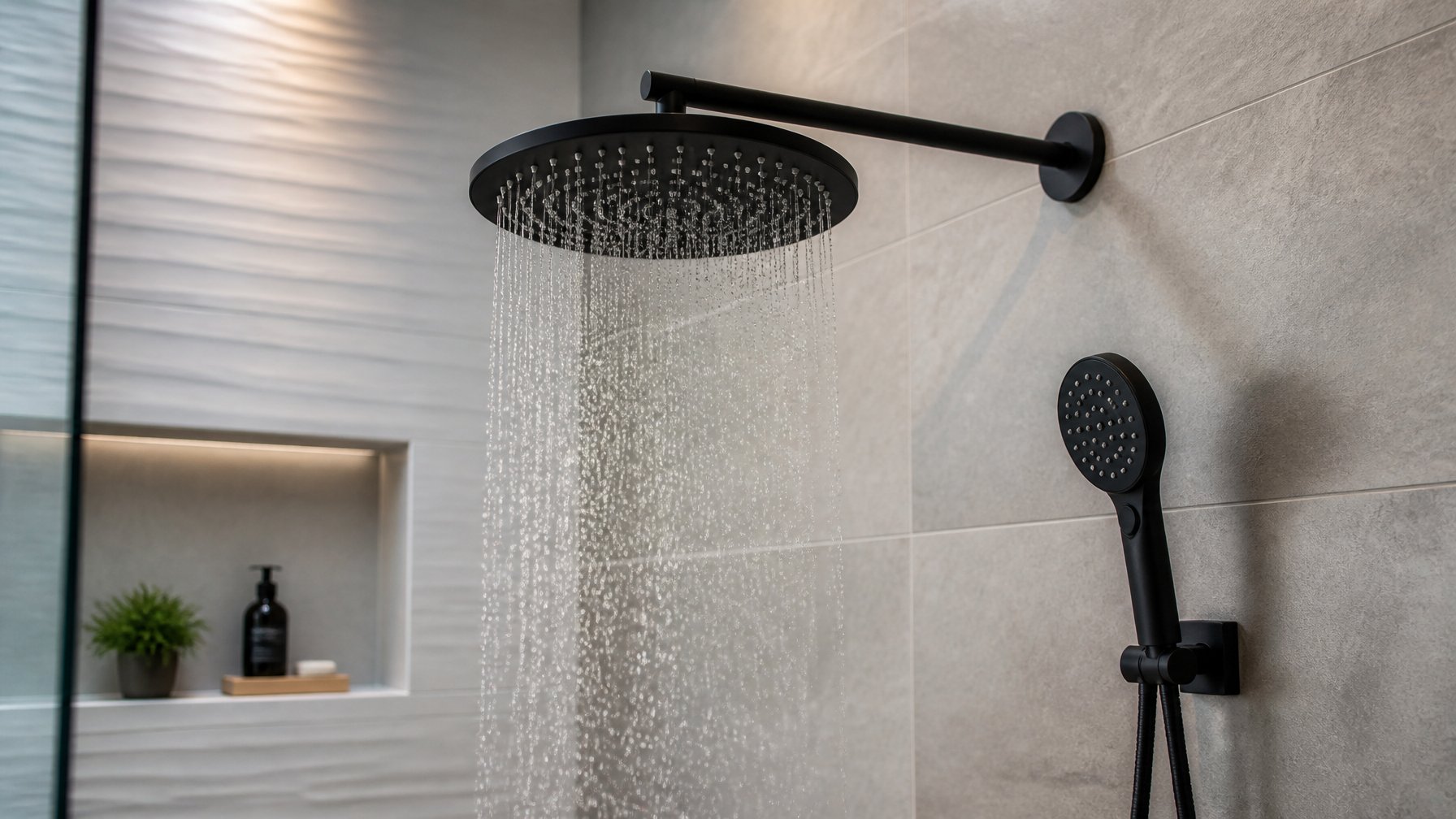Matte black rain shower head and handheld shower set installed in a modern bathroom with tiled walls.
