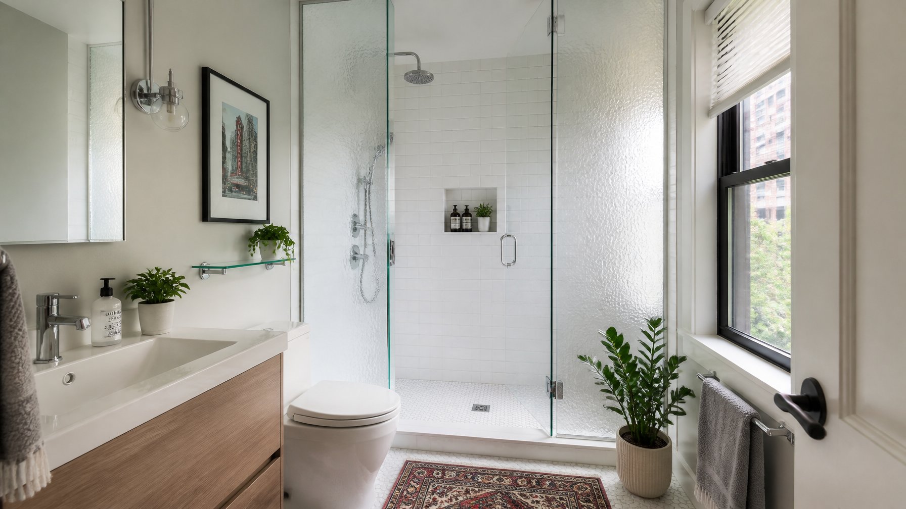 A modern bathroom with a tub-to-shower conversion featuring frosted sidelight glass panels for privacy.