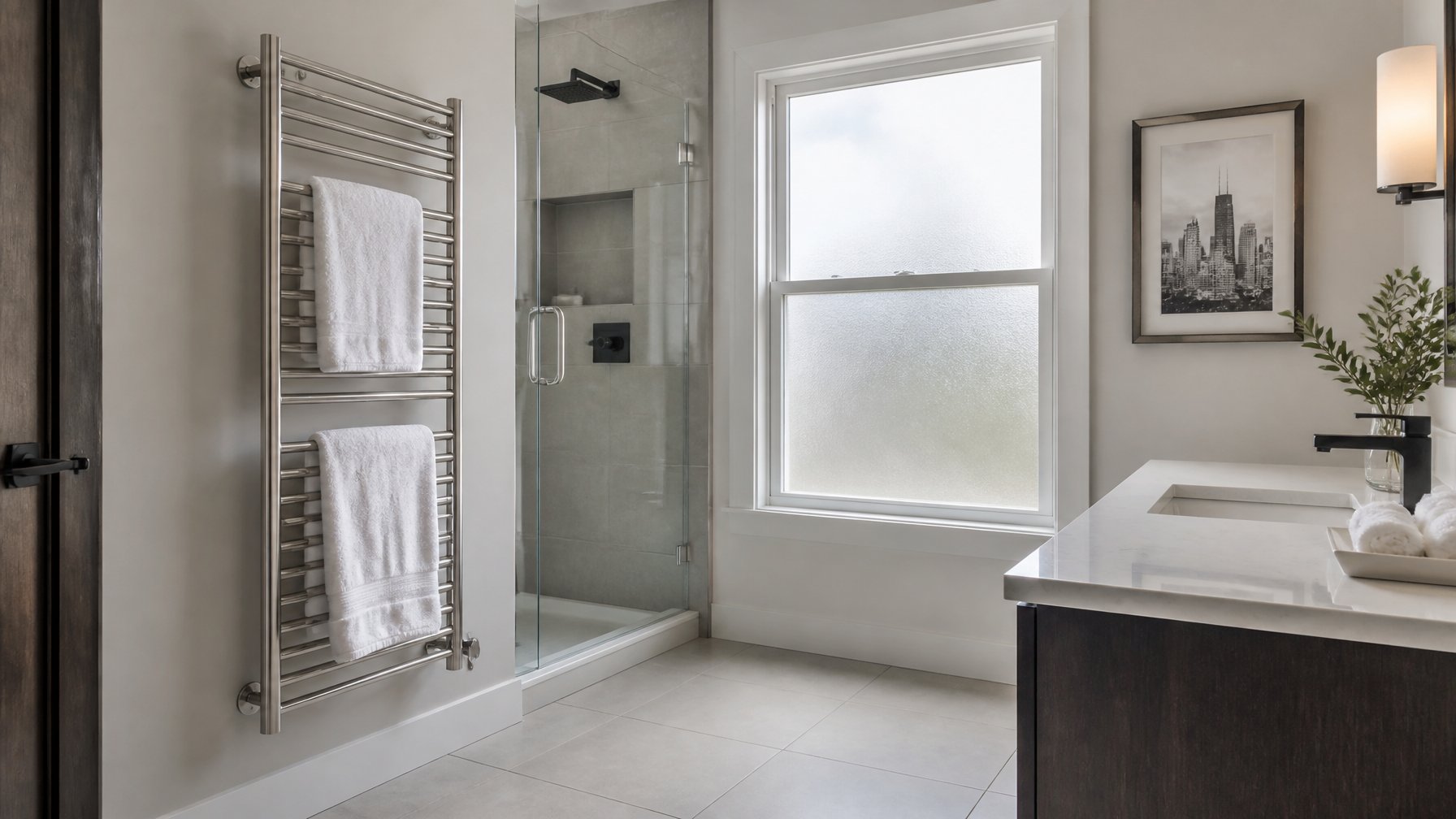 Modern bathroom with heated tile floor and a thin-profile towel warmer on the wall.