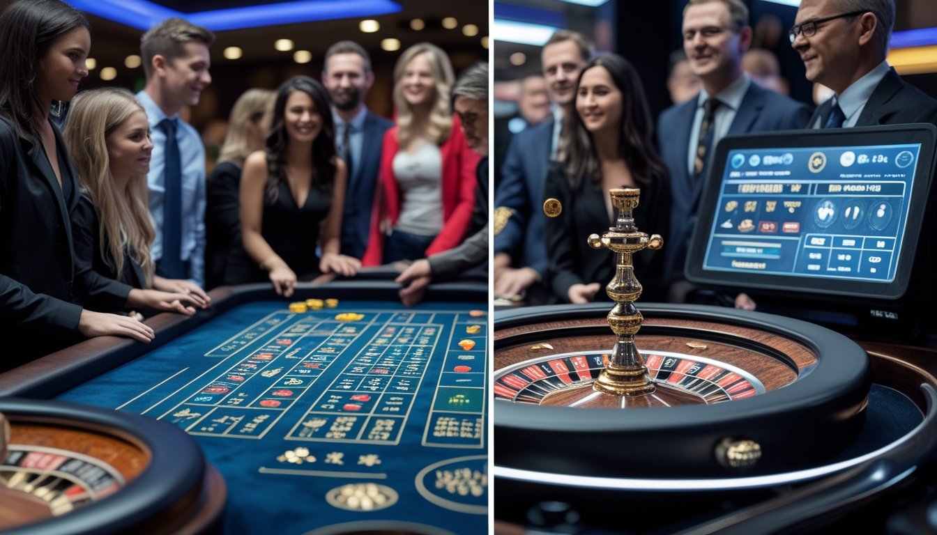 Beberapa pemain baru sedang mengamati dua meja roulette berbeda di dalam kasino yang terang dan modern.