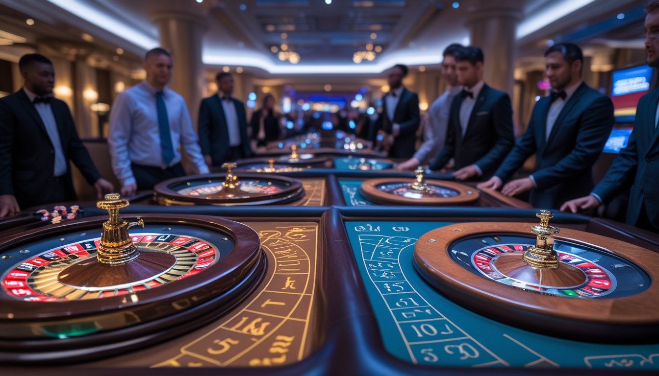 Dua meja roulette di kasino, satu dengan efek petir digital dan satu lagi dengan roda otomatis, dikelilingi oleh pemain dan dealer.