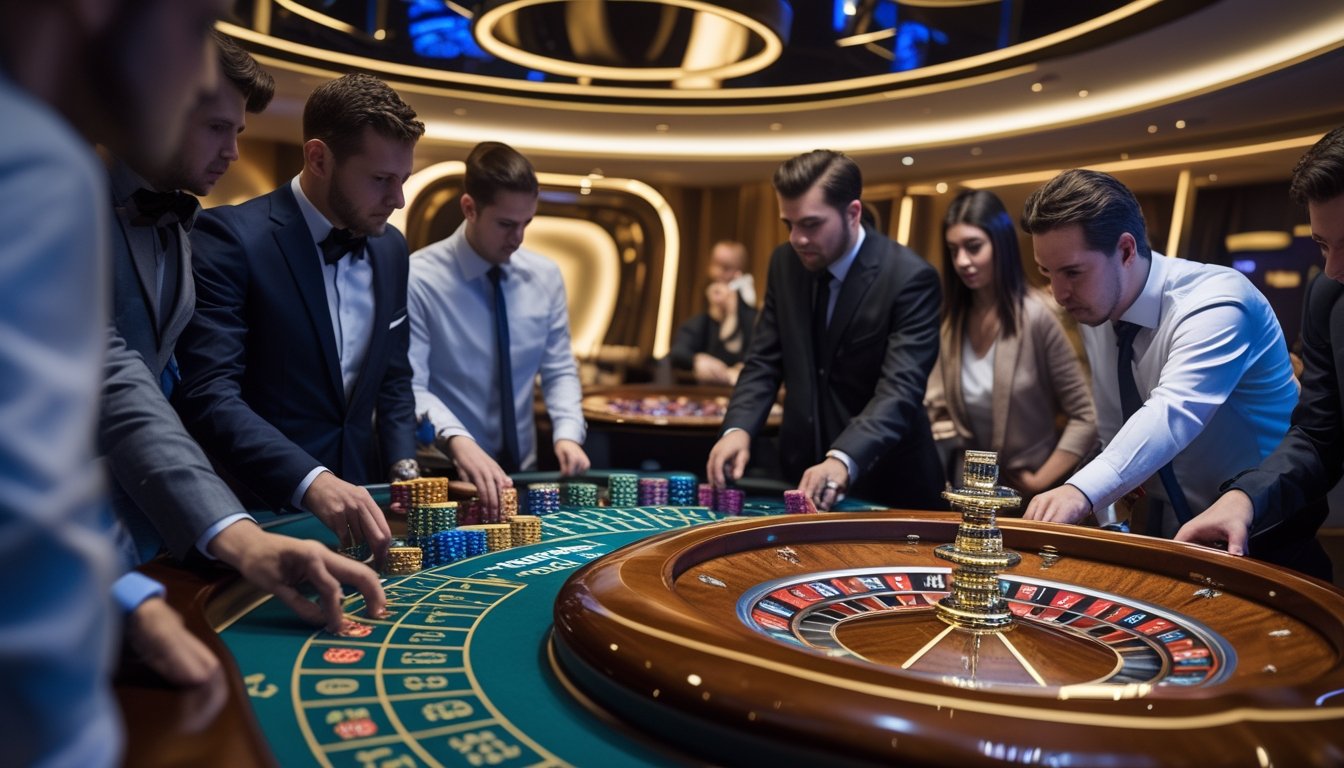 Seorang dealer berdiri di belakang meja Lightning Roulette dengan pemain yang fokus di sekitarnya dalam suasana kasino yang elegan.