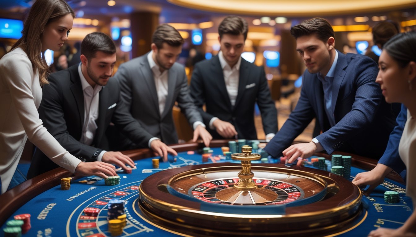 Meja roulette dengan pemain yang sedang memasang taruhan di kasino yang terang dan modern.