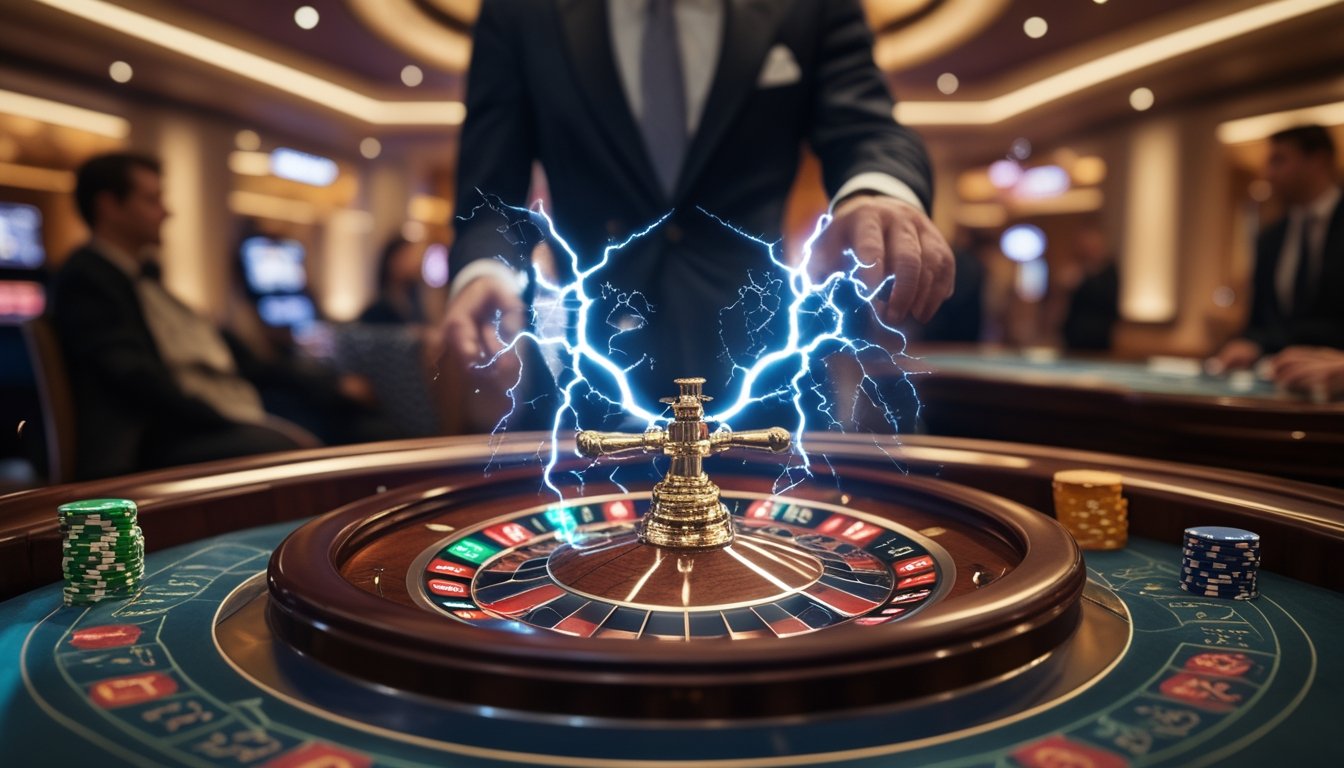 Meja roulette di kasino dengan efek petir yang menyinari beberapa angka pada roda roulette, dealer siap memutar roda, dan pemain memperhatikan dengan antusias.