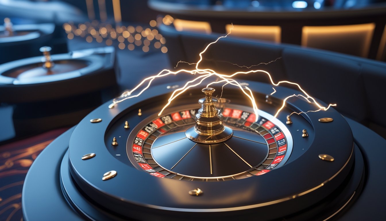 Foto close-up roda roulette dengan efek petir yang menyinari angka tertentu di kasino.