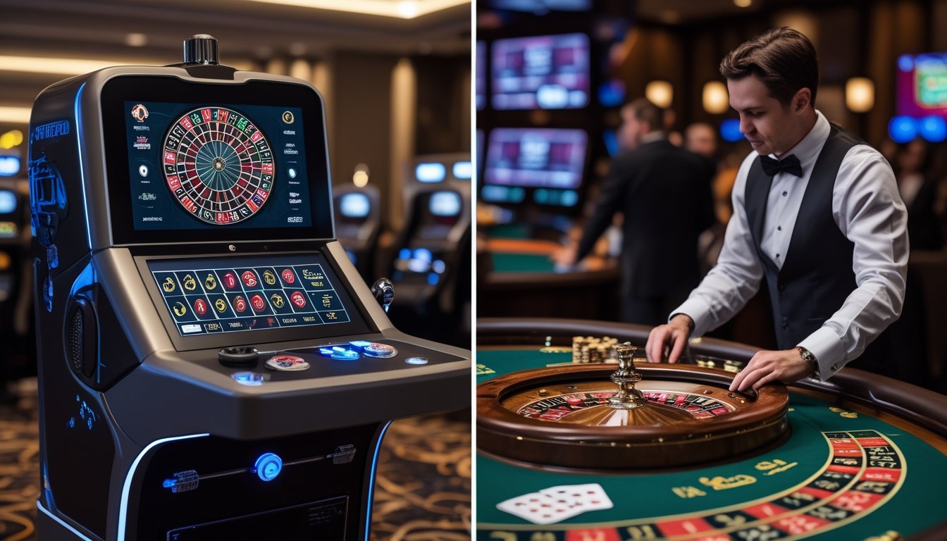 Perbandingan meja roulette otomatis dengan mesin modern dan roulette langsung dengan dealer di kasino.