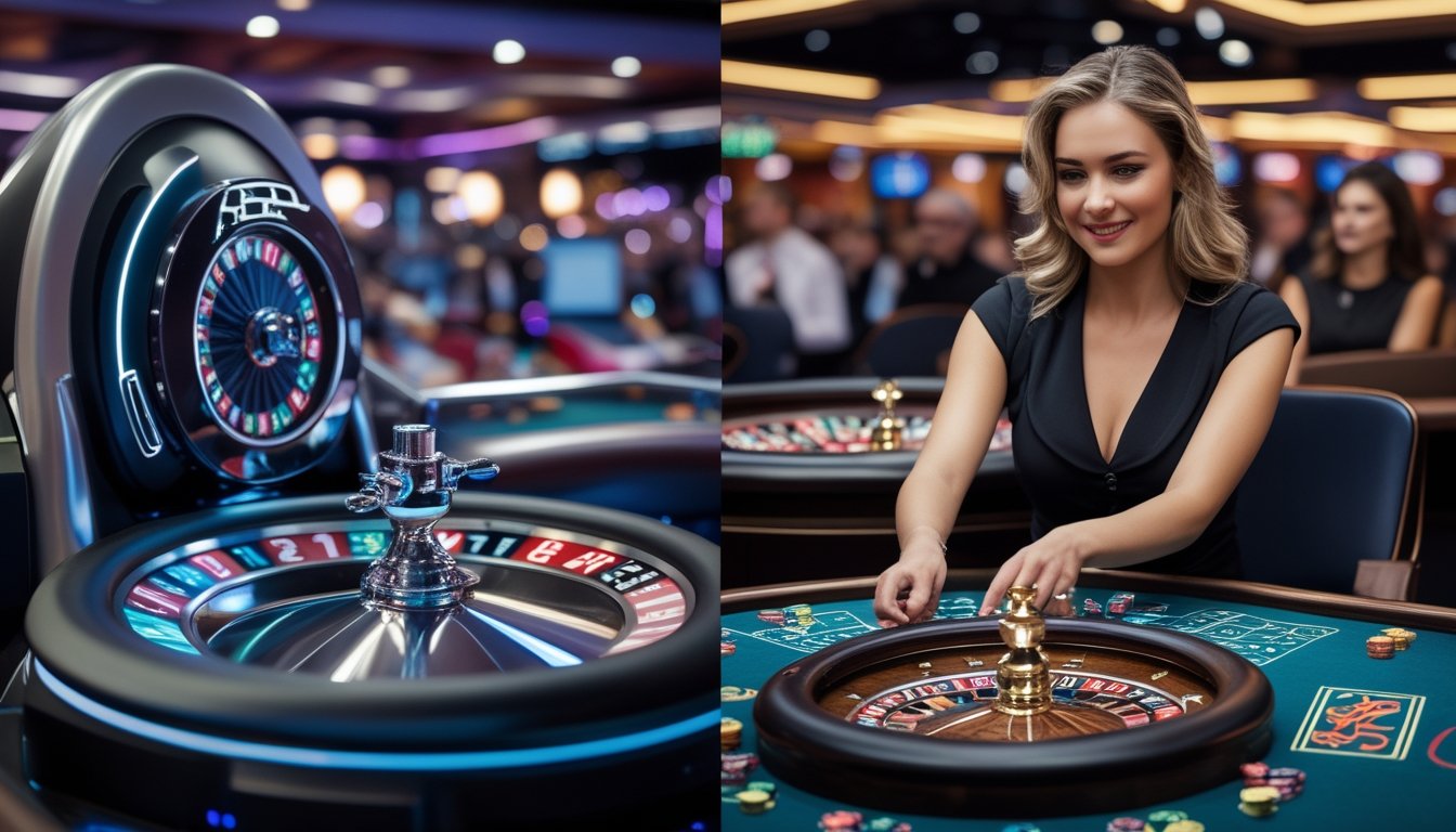 Perbandingan antara roulette otomatis dengan roda roulette otomatis di satu sisi dan dealer langsung memutar roda roulette tradisional di sisi lain, di dalam suasana kasino.