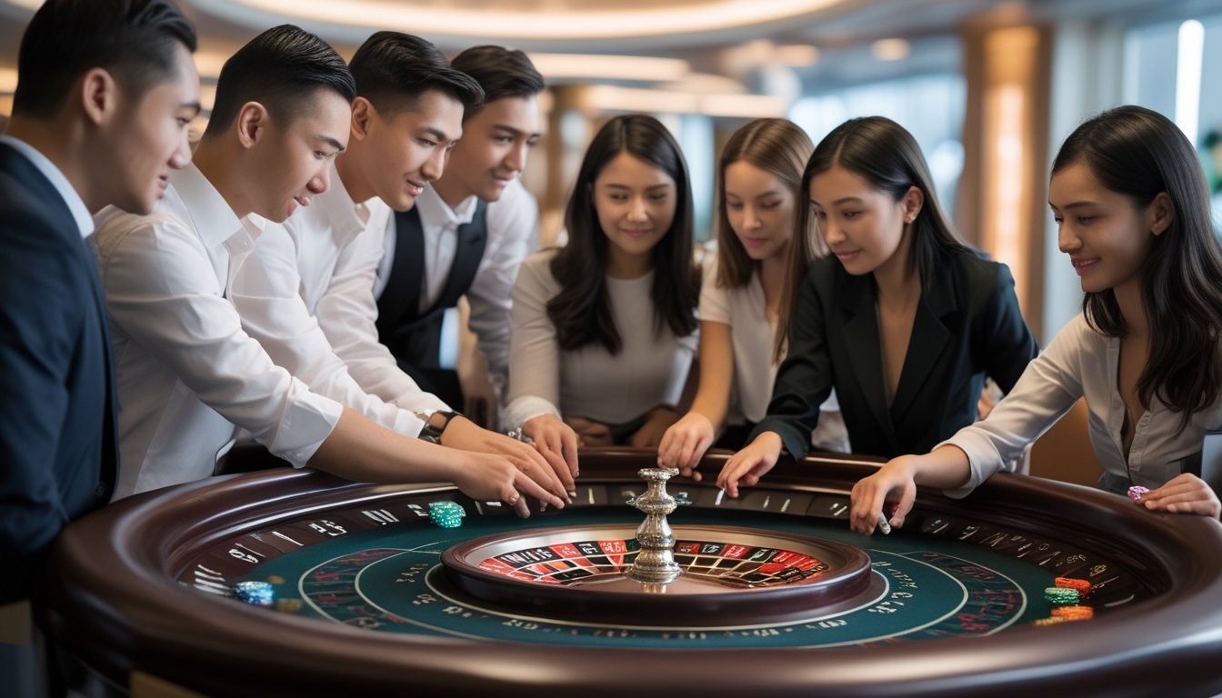 Beberapa pemain pemula sedang memperhatikan meja auto roulette dengan batas taruhan yang terlihat, di dalam kasino yang terang dan modern.