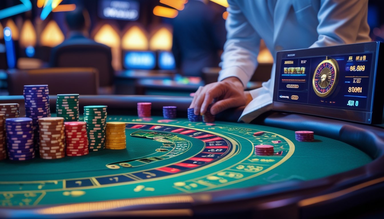 Seorang pemain berpakaian rapi sedang memperhatikan meja Lightning Roulette dengan roda roulette yang berputar dan tumpukan chip taruhan di kasino.