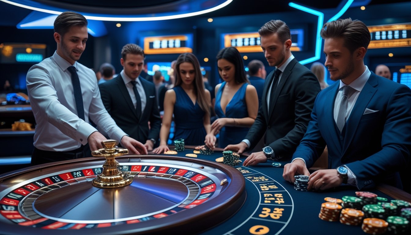 Meja Lightning Roulette di kasino dengan pemain yang sedang memasang taruhan dan roda roulette yang menyala dengan efek petir.