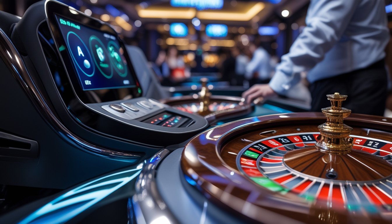 Sebuah mesin auto roulette modern di kasino dengan roda roulette tradisional di sampingnya, menunjukkan perbedaan antara permainan cepat dan tradisional.
