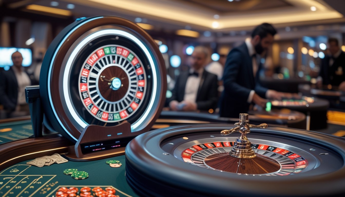 Suasana kasino dengan roda roulette otomatis yang modern dan roda roulette tradisional yang dimainkan oleh dealer, dengan pemain yang mengamati permainan.