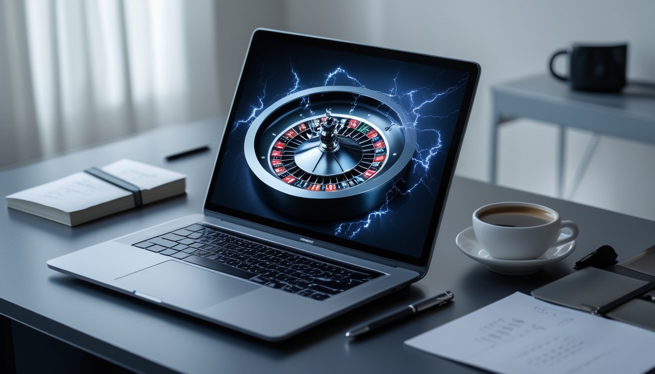 Seorang pengguna duduk di depan laptop yang menampilkan permainan Lightning Roulette dengan efek petir, di meja terdapat catatan, pena, dan secangkir kopi.