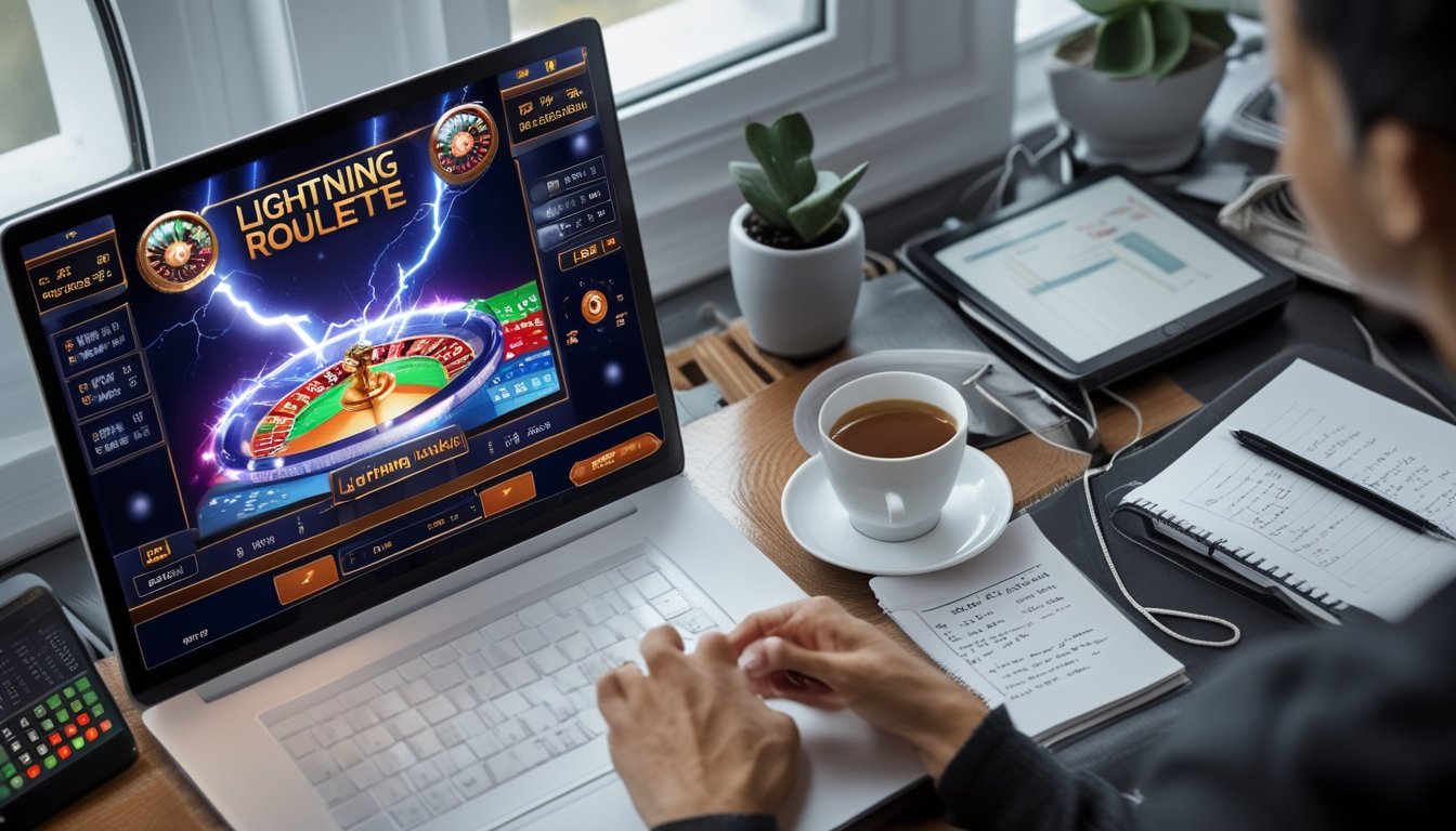 Seseorang sedang menggunakan komputer dengan tampilan permainan Lightning Roulette online di layar, di meja terdapat buku catatan, pena, dan secangkir kopi.