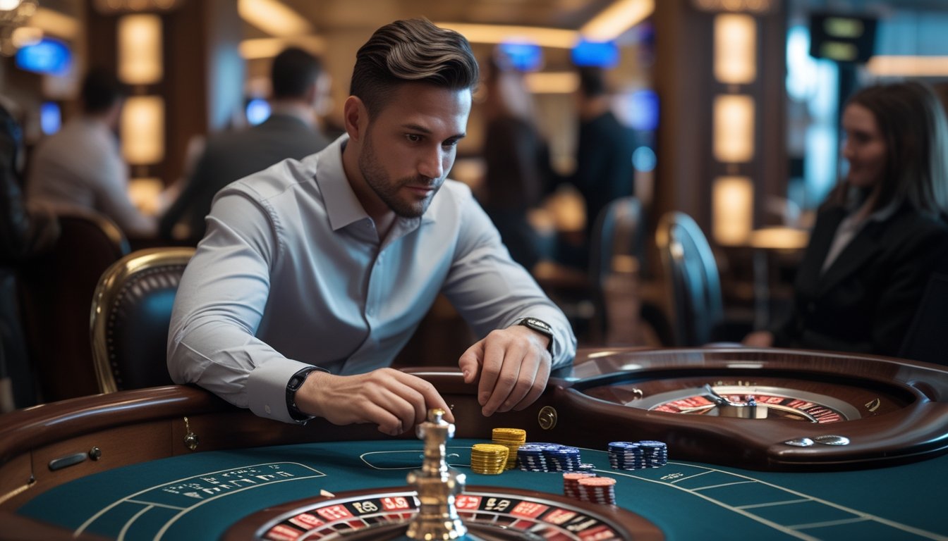 Seorang pemain berpengalaman sedang memperhatikan meja roulette di kasino dengan ekspresi fokus dan suasana kasino yang elegan di sekitarnya.