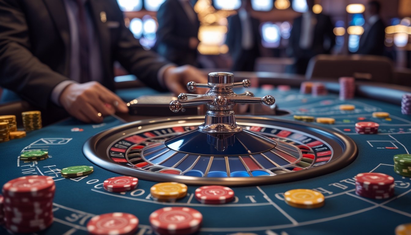 Mesin roulette otomatis yang sedang berputar di meja kasino dengan beberapa chip taruhan di sekitarnya dan pemain yang mengamati permainan.