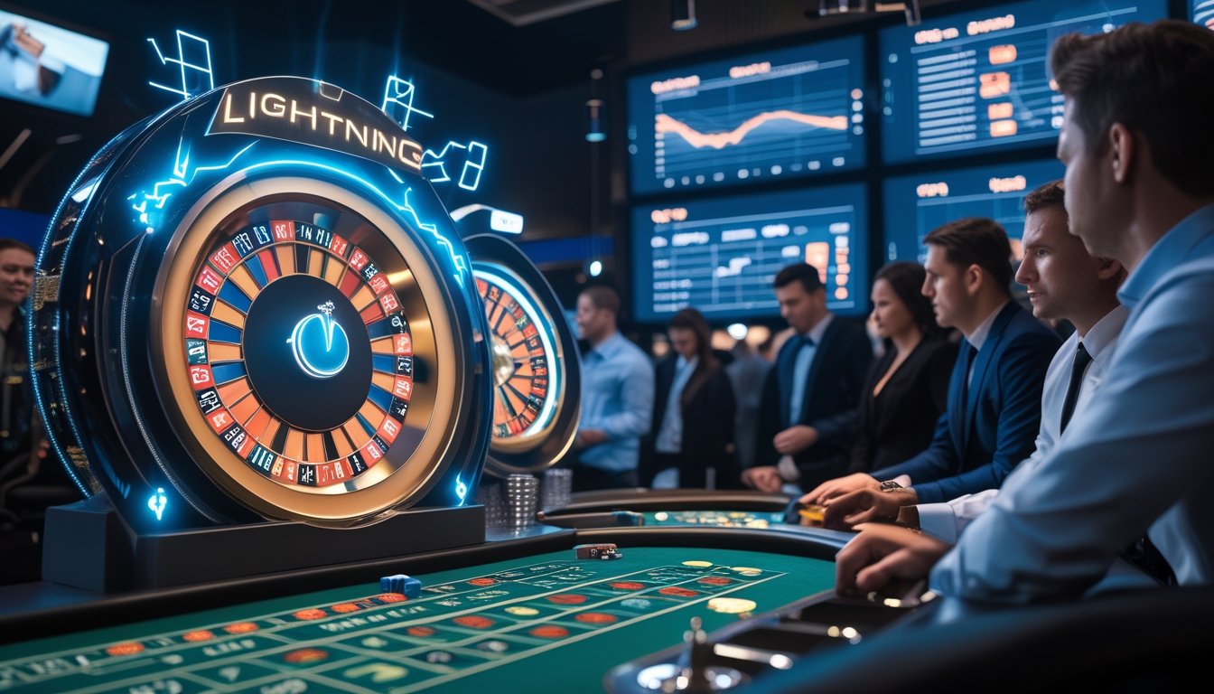 Meja kasino modern dengan roda roulette Lightning dan Auto Roulette, pemain dan dealer fokus bermain, layar digital menunjukkan data statistik di latar belakang.
