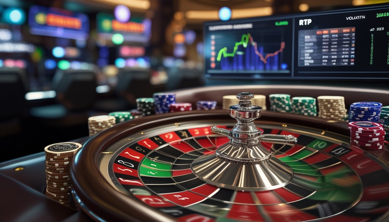 Meja roulette dengan roda berputar, tumpukan chip taruhan, dan layar digital menampilkan data statistik di latar belakang kasino.