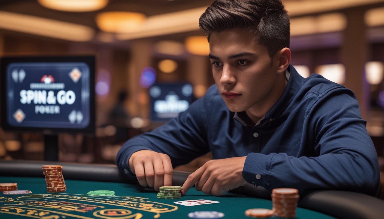 Seorang pria muda fokus bermain poker Spin & Go di meja dengan chip dan kartu poker.