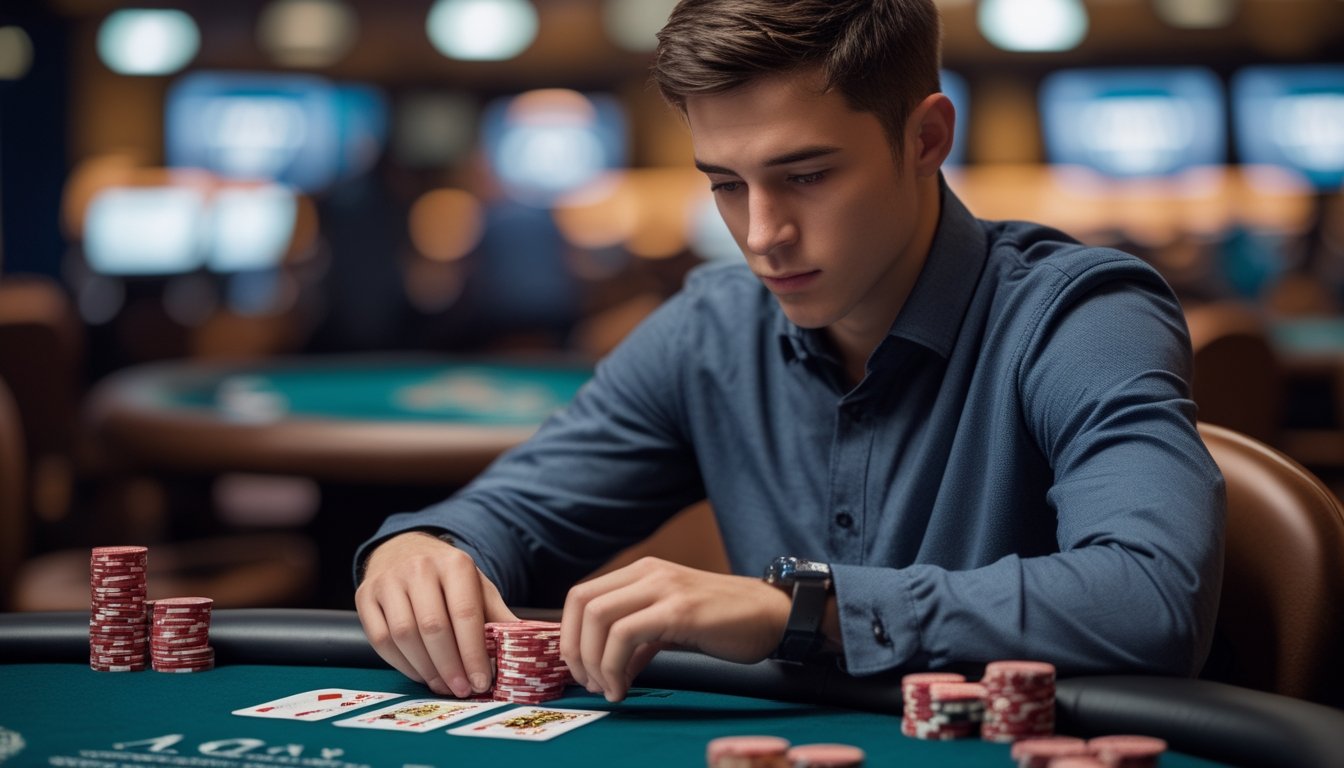Seorang pria muda duduk di meja poker dengan tumpukan chip dan kartu, terlihat fokus dan serius bermain poker di kasino.