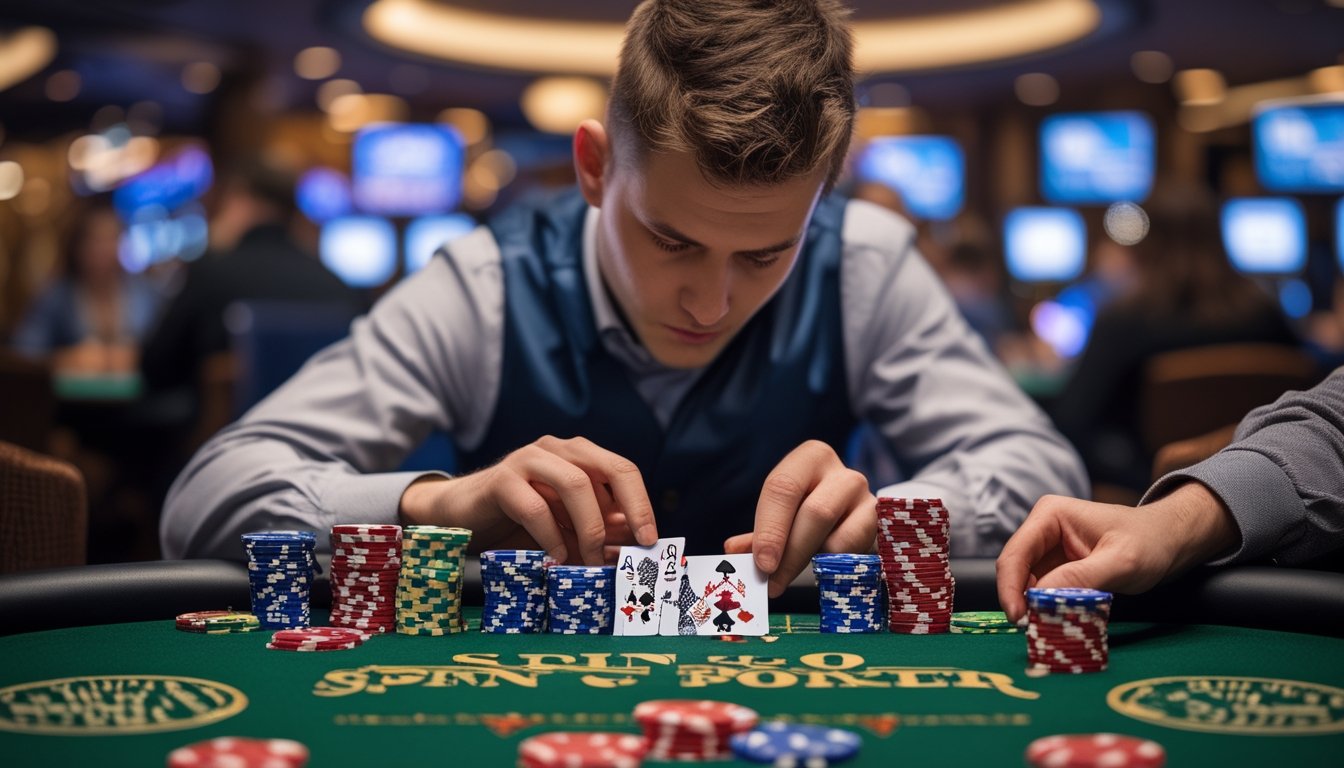 Seorang pemain poker fokus duduk di meja kasino dengan kartu dan tumpukan chip, menunjukkan suasana serius dan strategis.