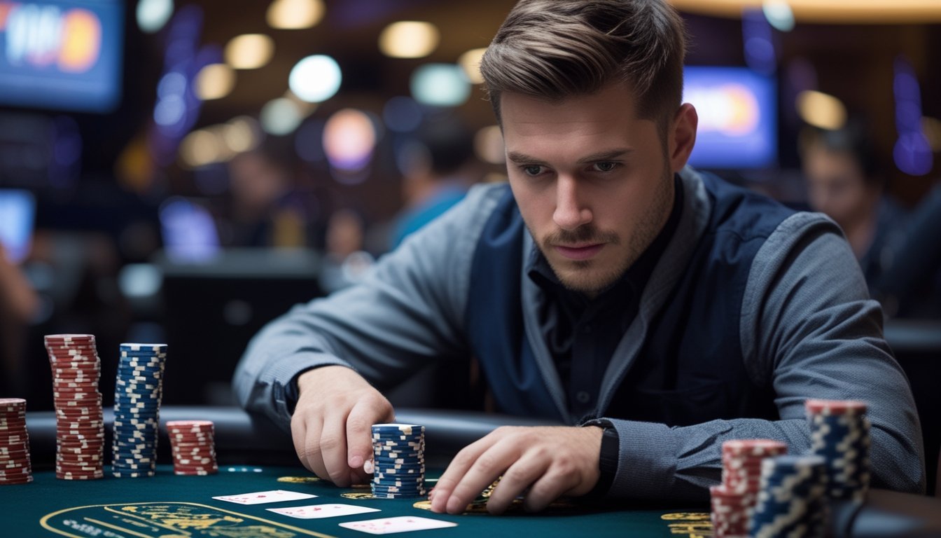 Seorang pemain poker fokus di meja kasino dengan tumpukan chip dan kartu bermain, menunjukkan suasana kompetitif dalam permainan Spin & Go.