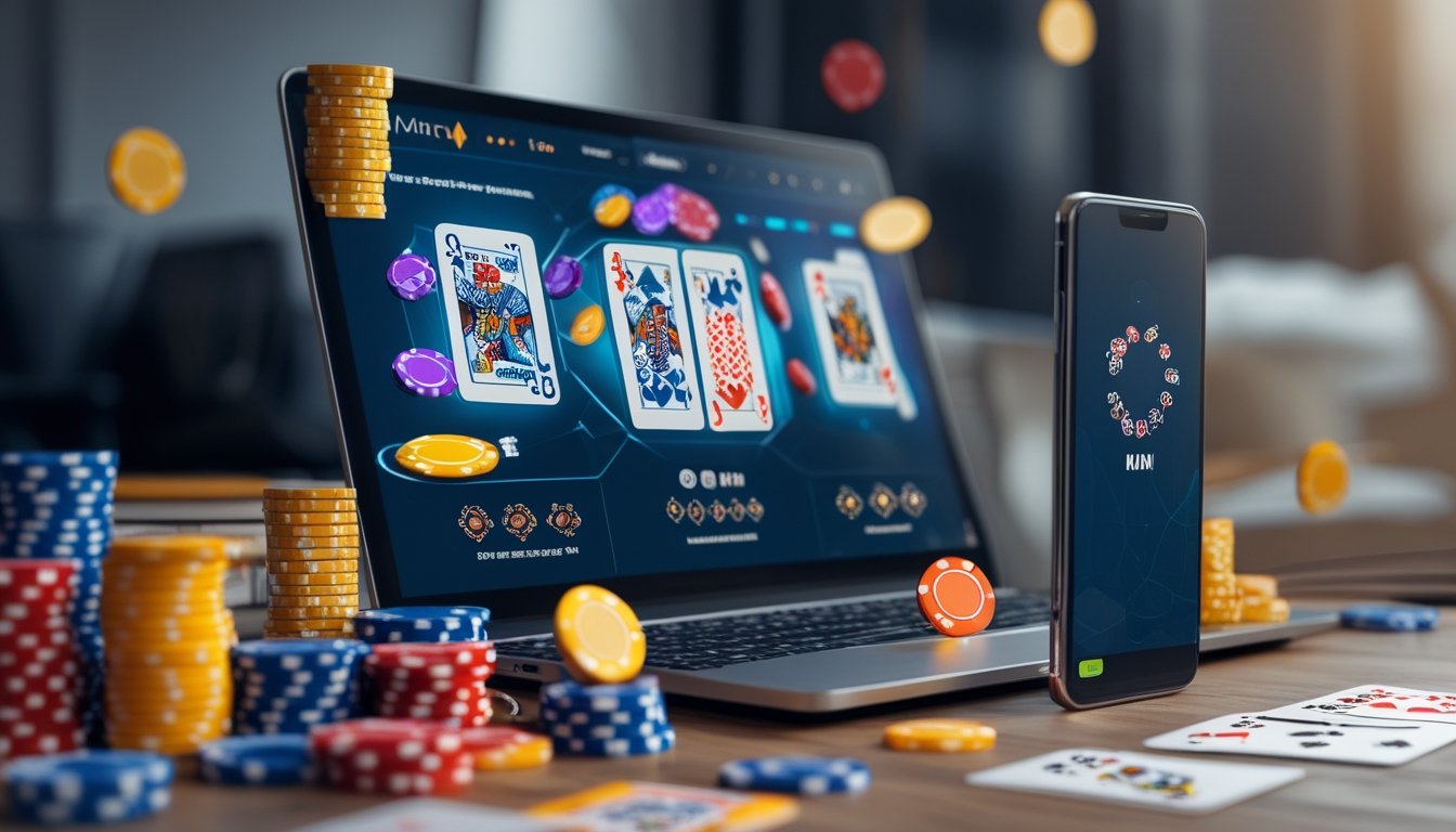 Sebuah laptop di meja dengan tampilan permainan mini poker online, dikelilingi oleh chip poker dan kartu remi.
